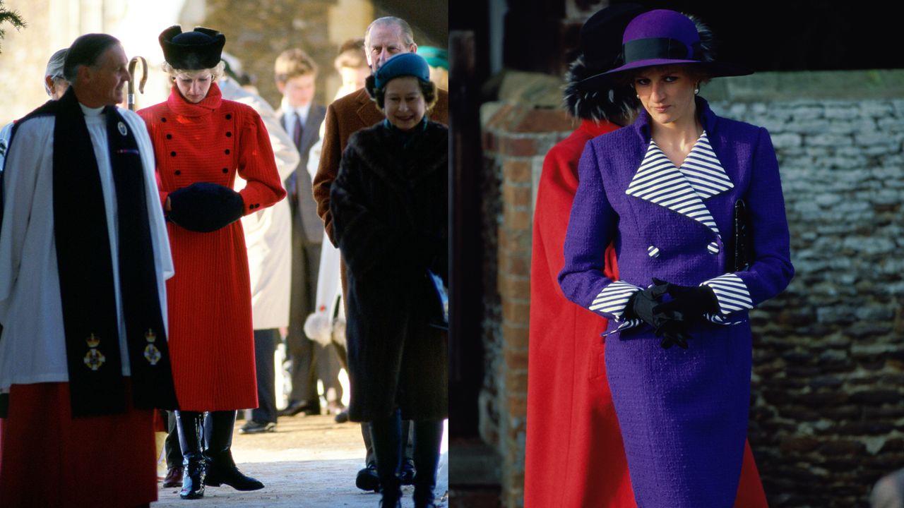 Princess Diana wearing a red coat and black hat looking sad walking next to Queen Elizabeth next to a photo of her in a purple suit with striped collar and purple hat with a serious expression