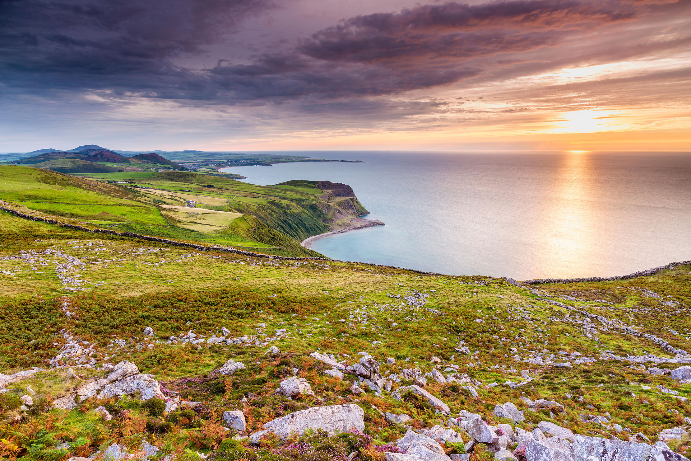 Sunset over Caernarfon Bay at Llithfaen, on the Llyn Peninsula.