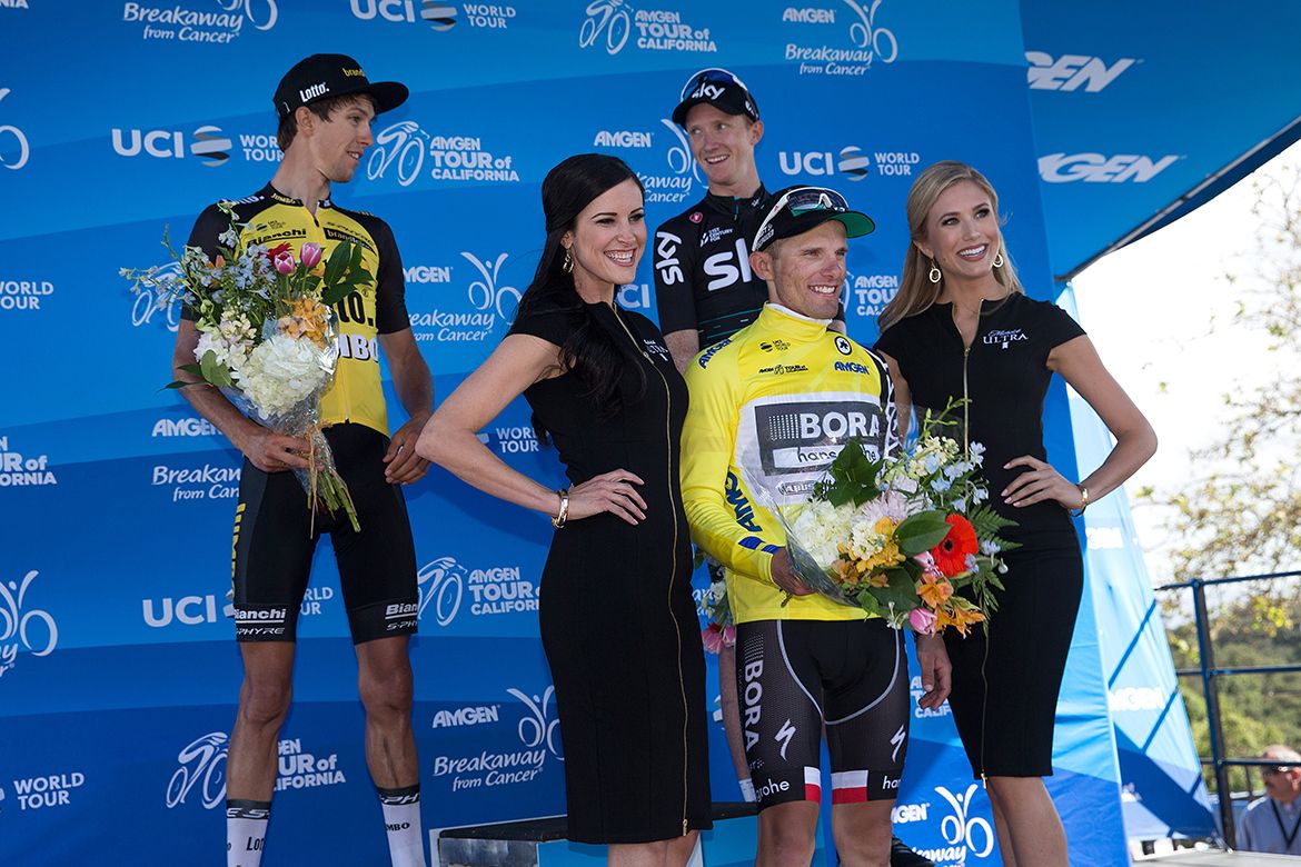 Rafa Majka wearing the leader's yellow jersey