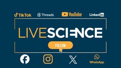 A logo of Live Science surrounded by the logos of various social media outlets with a button that says follow on it.