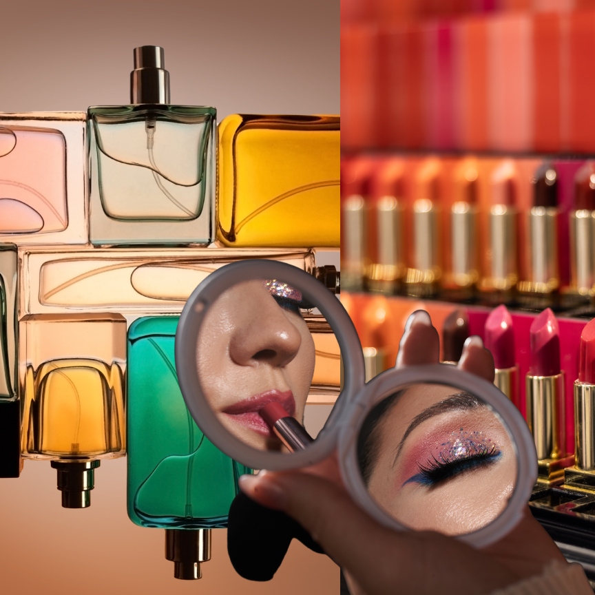 a woman holding a makeup compact over a collection of perfume bottles and lipsticks