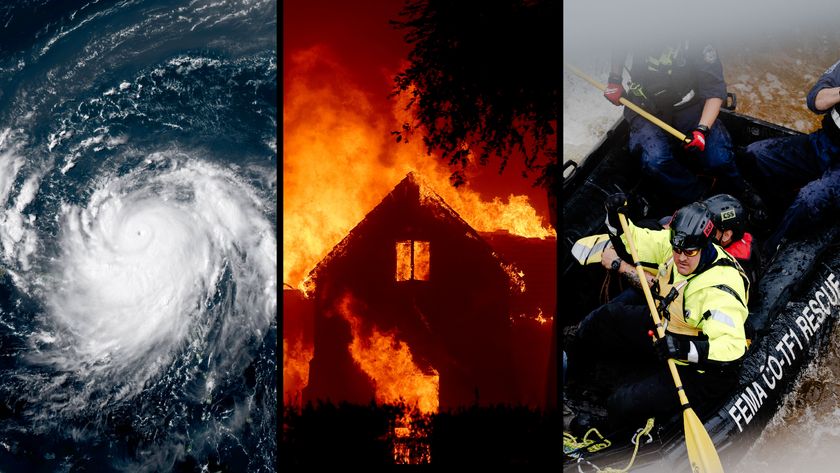 A three-paneled image showing a satellite photo of a hurricane, a house on fire, and flood rescue workers on a raft