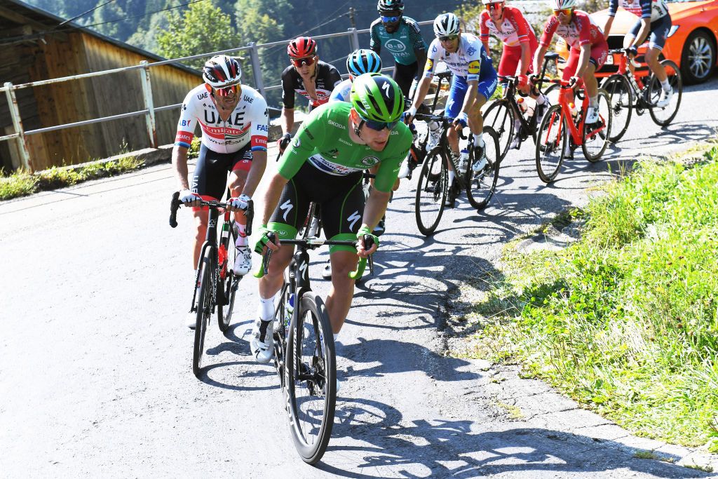 LA ROCHESURFORON FRANCE SEPTEMBER 17 Alexander Kristoff of Norway and UAE Team Emirates Sam Bennett of Ireland and Team Deceuninck QuickStep Green Points Jersey during the 107th Tour de France 2020 Stage 18 a 175km stage from Mribel to La Roche sur Foron 543m TDF2020 LeTour on September 17 2020 in La RochesurForon France Photo by Tim de WaeleGetty Images