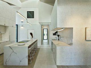 white geometric kitchen at The LADG - House in Los Angeles