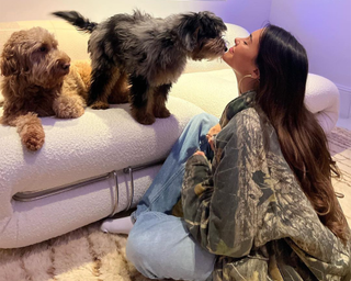 Madison Beer giving a kiss to her two dogs sat on a boucle sofa