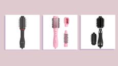 Collage showing three of the Dyson Airwrap dupes featured in this guide from Revlon, Mermade and Hot Tools, on a light purple background