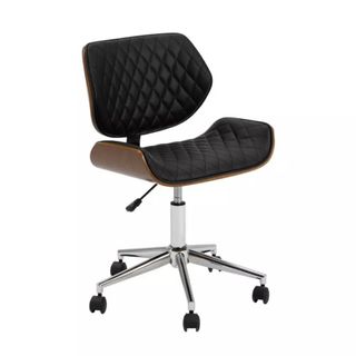 A wooden swivel chair with black cushioning