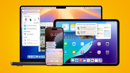 A collection of Apple products displayed on a yellow background