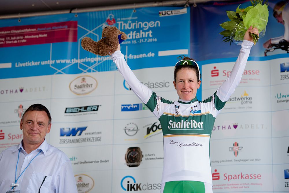 Amanda Spratt (Orica AIS) is awarded the most combatitive rider at Th&uuml;ringen Rundfarht 2016 - Stage 6