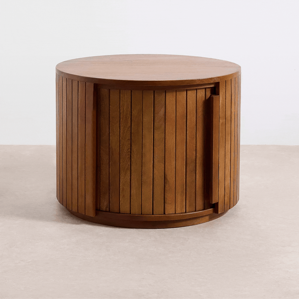 A wood panelled storage coffee table