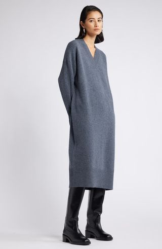 V-Neck Long Sleeve Wool & Cashmere Sweater Dress