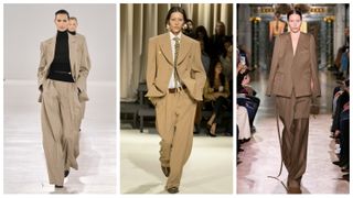 models wearing suits on the Fall 2024 runways of Max Mara, Schiaparelli, and Victoria Beckham