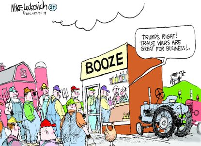 Political Cartoon U.S. China Trade War Farmers Drinking Booze