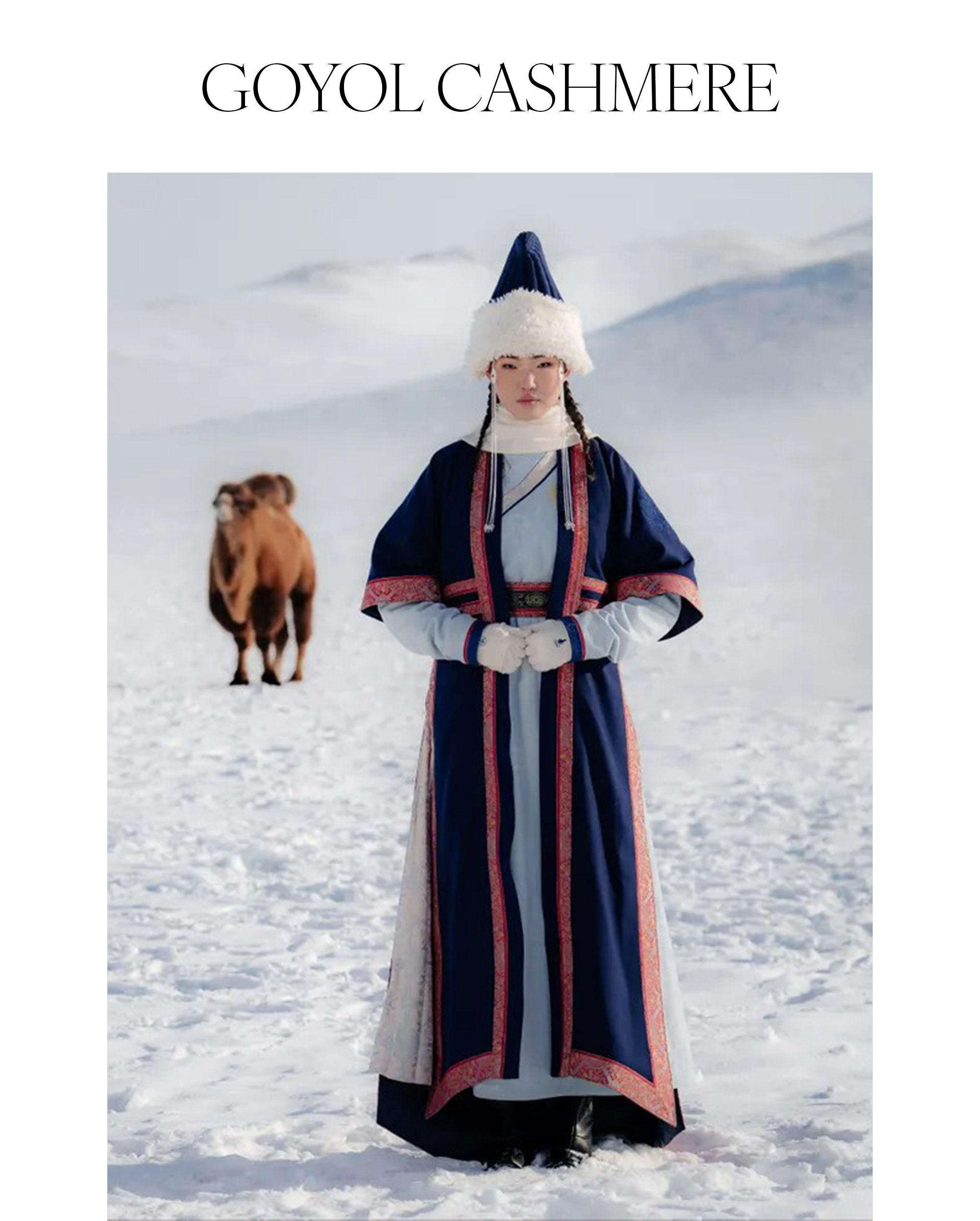 A model in the Goyol Cashmere campaign for the Mongolian brand's 2026 Winter Olympics uniforms for Team Mongolia.