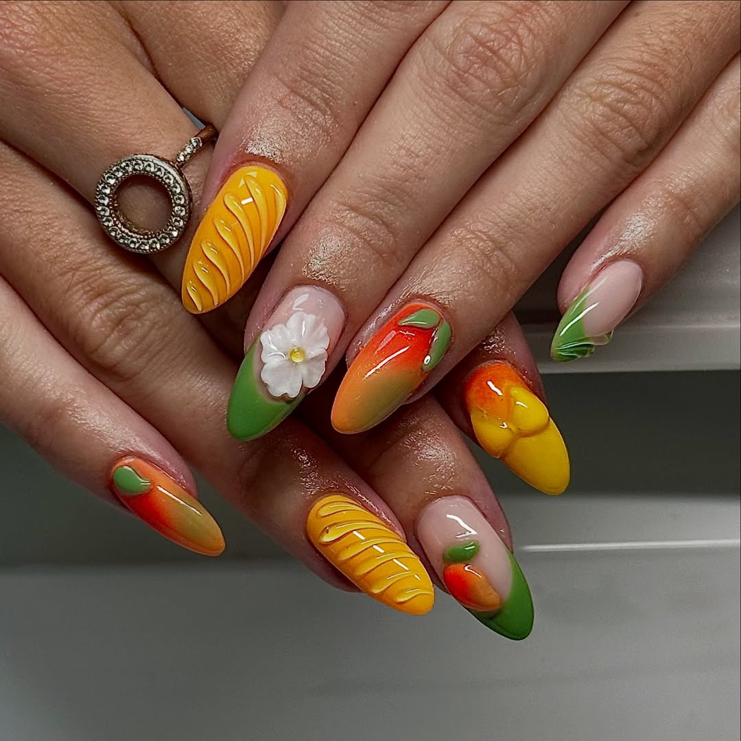 orange and green mango nails