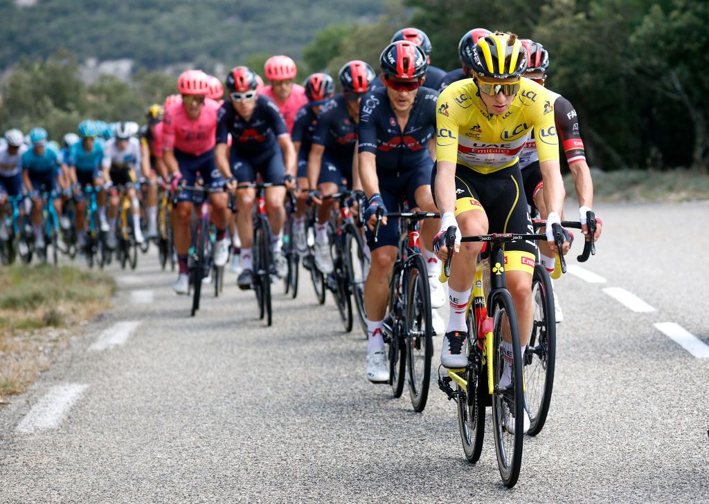 NMES FRANCE JULY 08 Tadej Pogaar of Slovenia and UAETeam Emirates Yellow Leader Jersey during the 108th Tour de France 2021 Stage 12 a 1594km stage from SaintPaulTroisChateaux to Nimes LeTour TDF2021 on July 08 2021 in Nmes France Photo by Chris GraythenGetty Images