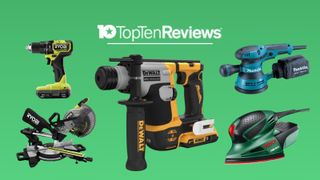 Selection of five power tools on green background with Top Ten Reviews logo