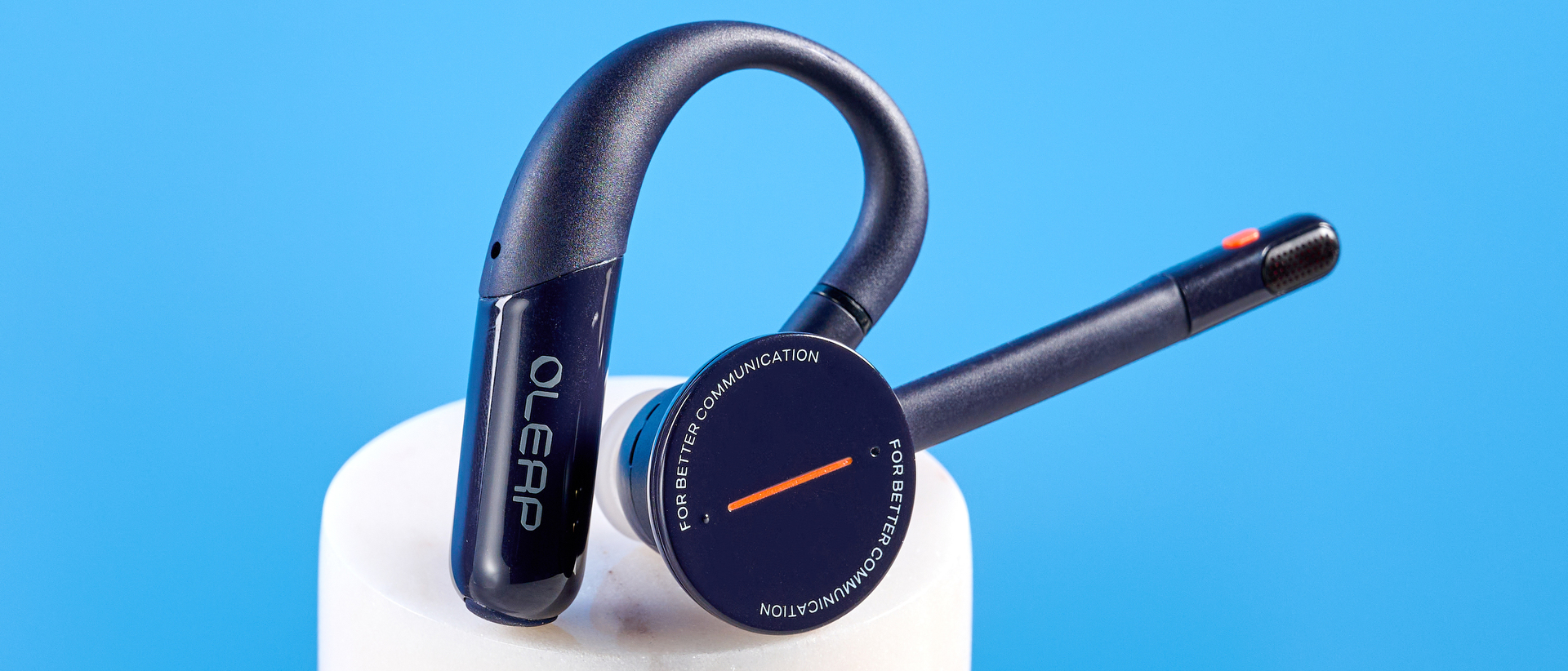 Oleap Archer AI Meeting Headset photographed in front of a blue background.