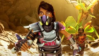 A Grounded 2 player character wearing armor that looks mix-and-match from various bugs. There's a Praying Mantis in the background chasing her.