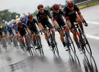 Team UAE Emirates riders lead the pack during the 8th stage of the 108th edition of the Tour de France cycling race 150 km between Oyonnax and Le GrandBornand on July 03 2021 Photo by Thomas SAMSON AFP Photo by THOMAS SAMSONAFP via Getty Images