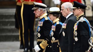 Britain's King Charles III, Britain's Princess Anne, Princess Royal, Britain's Prince Andrew, Duke of York and Britain's Prince Edward, Earl of Wessex arrive at Westminster Abbey