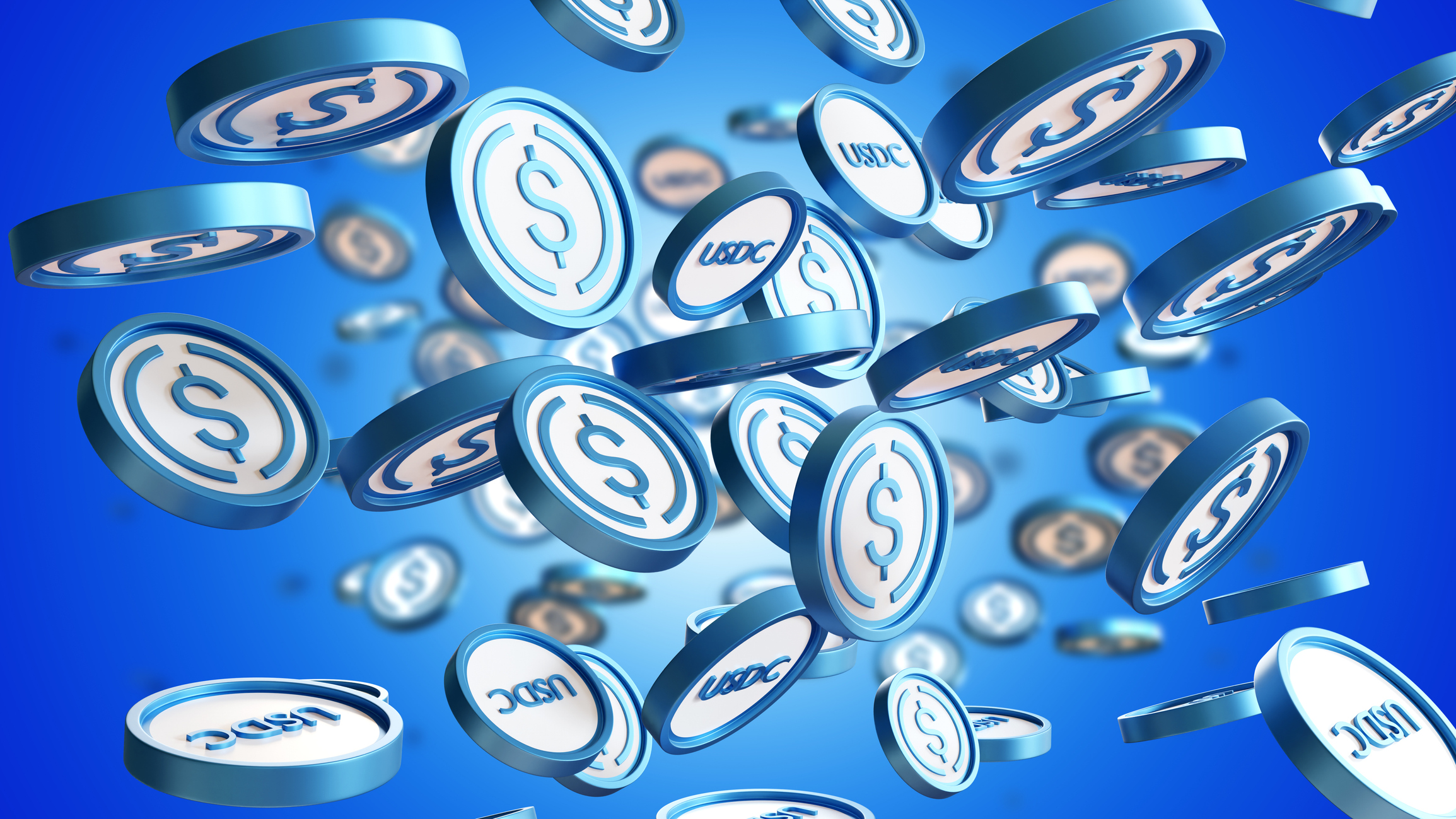 digital rendition of blue stablecoins, some with a dollar sign and others that read USDC