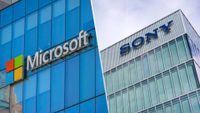 Left: Microsoft logo on an office tower exterior in downtown Vancouver. Right: The glass facade of Sony's headquarters in the Swiss city of Schlieren, on a cloudy late summer afternoon.
