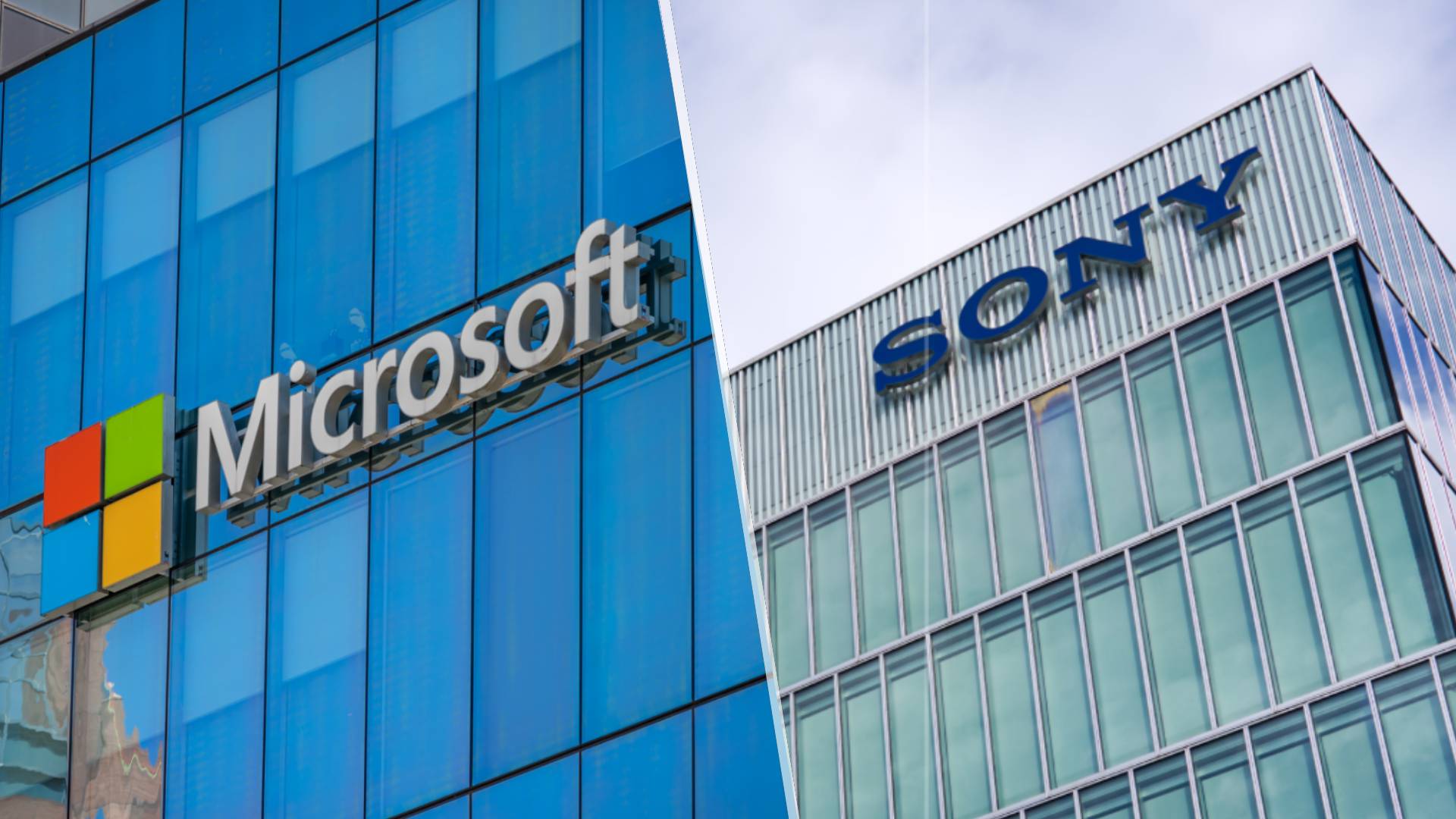 Left: Microsoft logo on an office tower exterior in downtown Vancouver. Right: The glass facade of Sony's headquarters in the Swiss city of Schlieren, on a cloudy late summer afternoon.