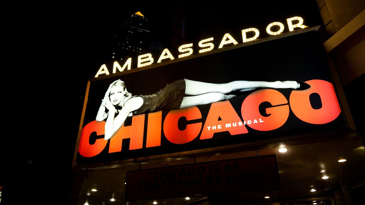 the marquee of &#039;Chicago the Musical&quot; at the Ambassador Theater in New York City