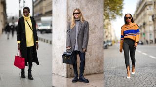 A composite of street style influencers showing how to style oversized sweaters with leggings