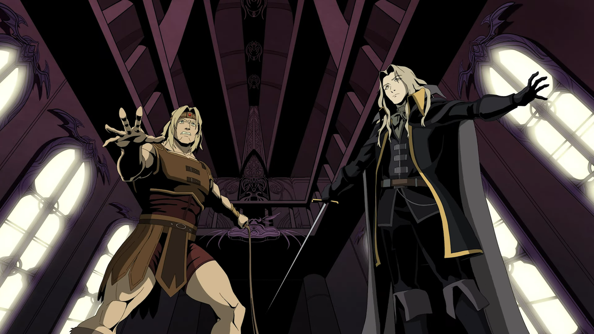 Two Castlevania heroes holding weapons