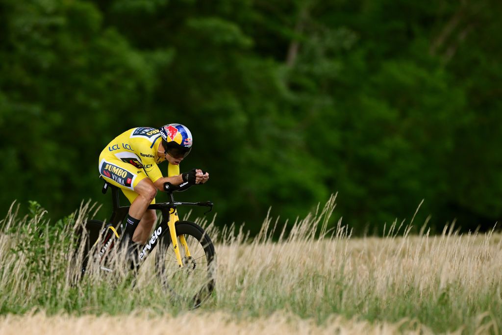 LA BATIE DURFE FRANCE JUNE 08 Wout Van Aert of Belgium and Team Jumbo Visma Yellow Leader Jersey prints during the 74th Criterium du Dauphine 2022 Stage 4 a 319km individual time trial from Montbrison to La Btie dUrf WorldTour Dauphin on June 08 2022 in La Batie dUrfe France Photo by Dario BelingheriGetty Images
