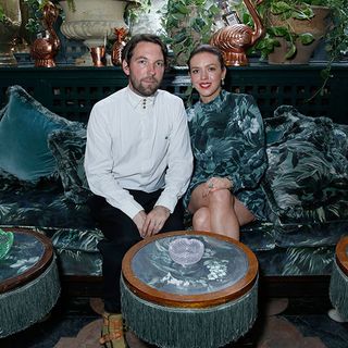 frieda gormley and javvy m royle on sofaset with cushions