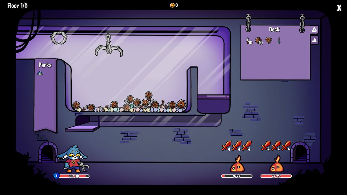 A battle in Dungeon Clawler, a claw machine roguelike by Stray Fawn Studio.