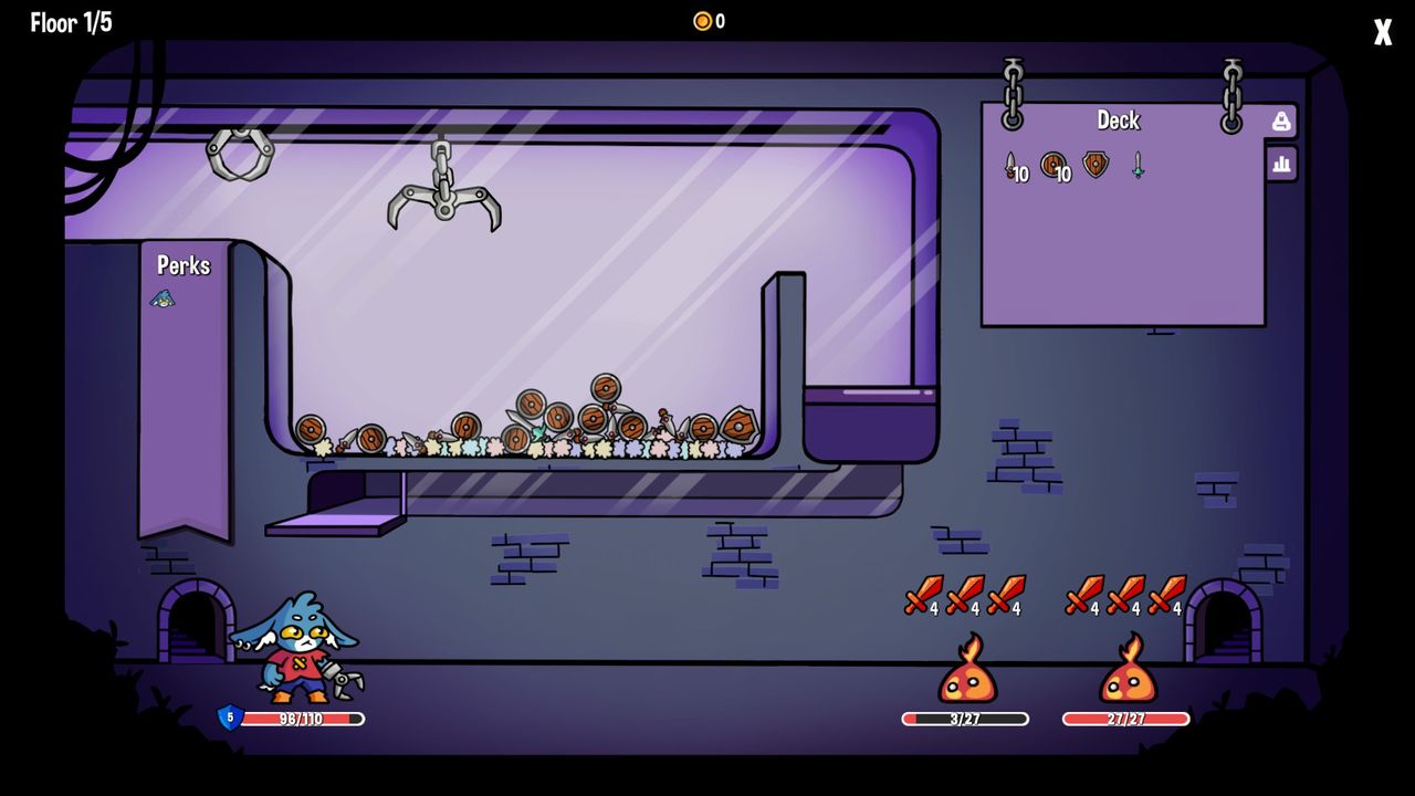 A battle in Dungeon Clawler, a claw machine roguelike by Stray Fawn Studio.