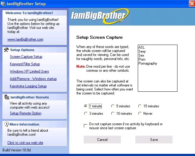 IamBigBrother Image:
Parents can designate keywords that will trigger the application to take a screenshot if the word is typed.