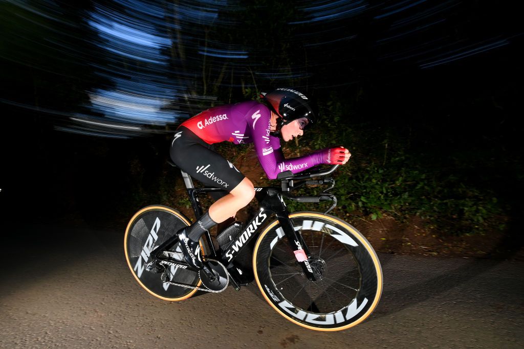 ATHERSTONE ENGLAND OCTOBER 06 Demi Vollering of Netherlands and Team SD Worx sprints during the 7th The Womens Tour 2021 Stage 3 a 166km Individual time trial from Atherstone to Atherstone thewomenstour UCIWWT on October 06 2021 in Atherstone England Photo by Justin SetterfieldGetty Images