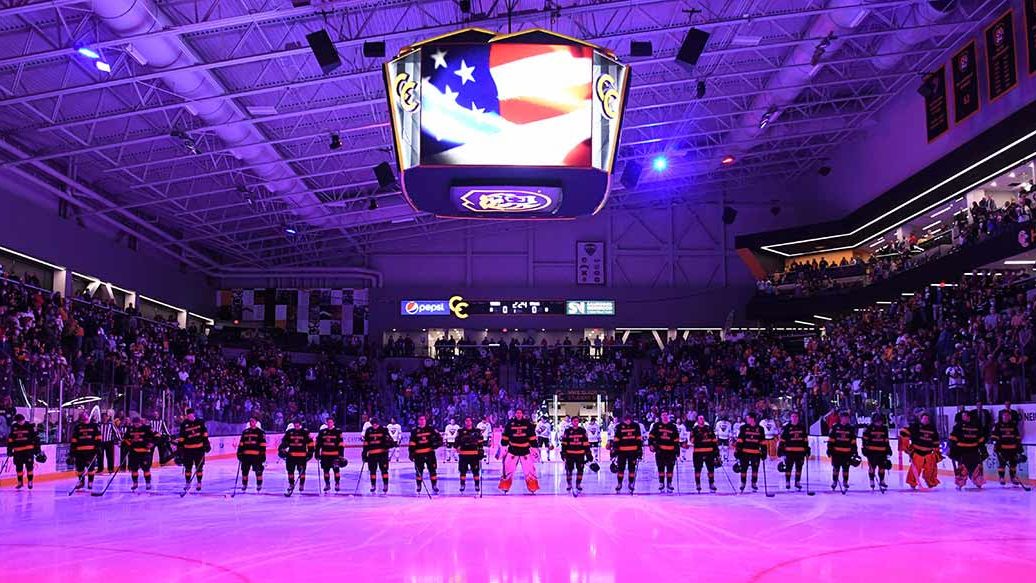 A curved, four-sided Daktronics video display system was installed at the new Robson Arena.