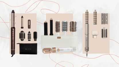 Collage of the best Dyson Airwrap alternatives (L-R) from Bellissima, Beauty Works and Shark, on a white marble background with pink swirls