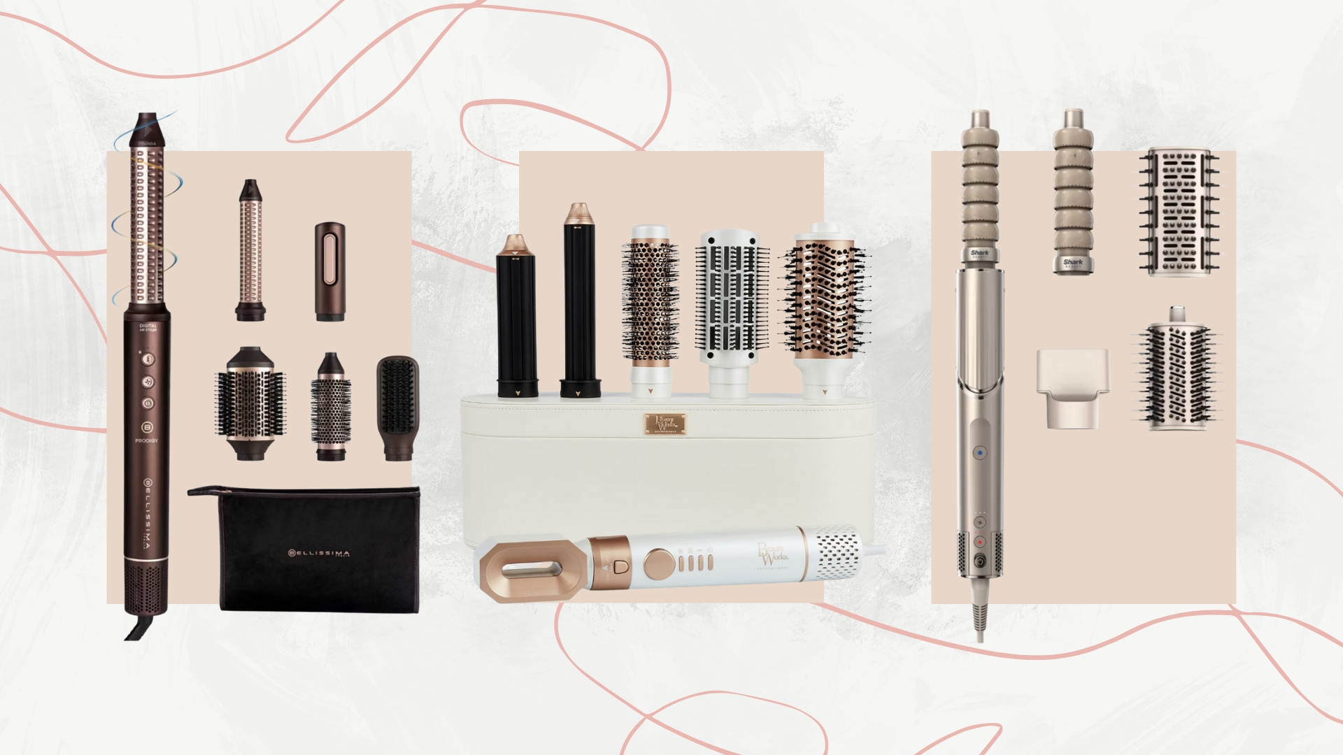 Collage of the best Dyson Airwrap alternatives (L-R) from Bellissima, Beauty Works and Shark, on a white marble background with pink swirls