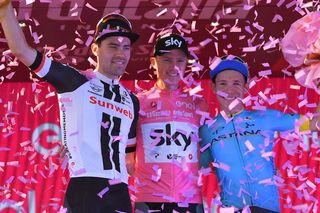 The final podium of the 2018 Giro d'Italia: winner Chris Froome (Team Sky) is flanked by Sunweb's Tom Dumoulin and Miguel Angel Lopez (Astana)