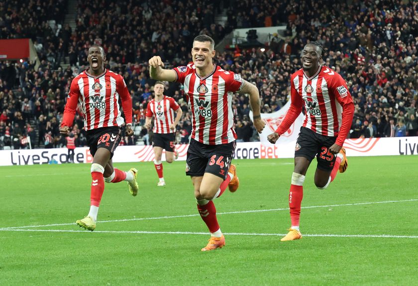 Granit Xhaka celebrates scoring for Sunderland against Everton