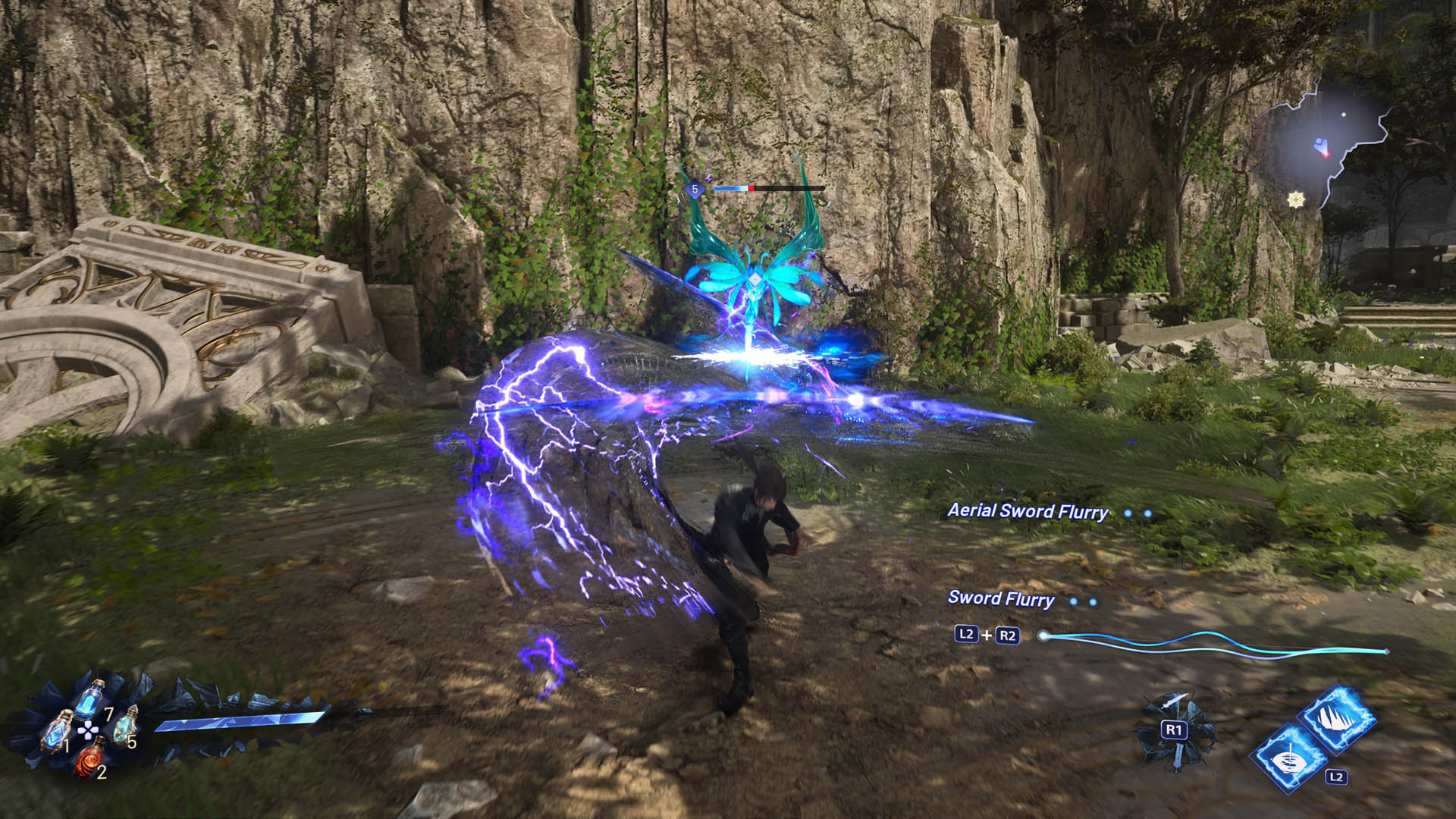 Kaser uses long distance sword strikes in Lost Soul Aside imbued with lightning to attack butterfly-like Voidrax in a jungle environment