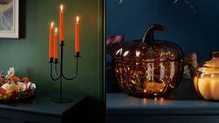 Picture of orange and black candelabra and glass pumpkin decor