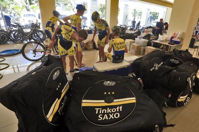 Tinkoff Saxo's bike bags arrived.