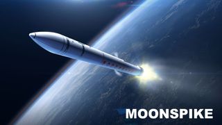 An artist's illustration of the private Moonspike rocket launching on a crowdfunded mission to send a titanium probe to the moon. The Moonspike Kickstarter project launched on Oct. 1, 2015.