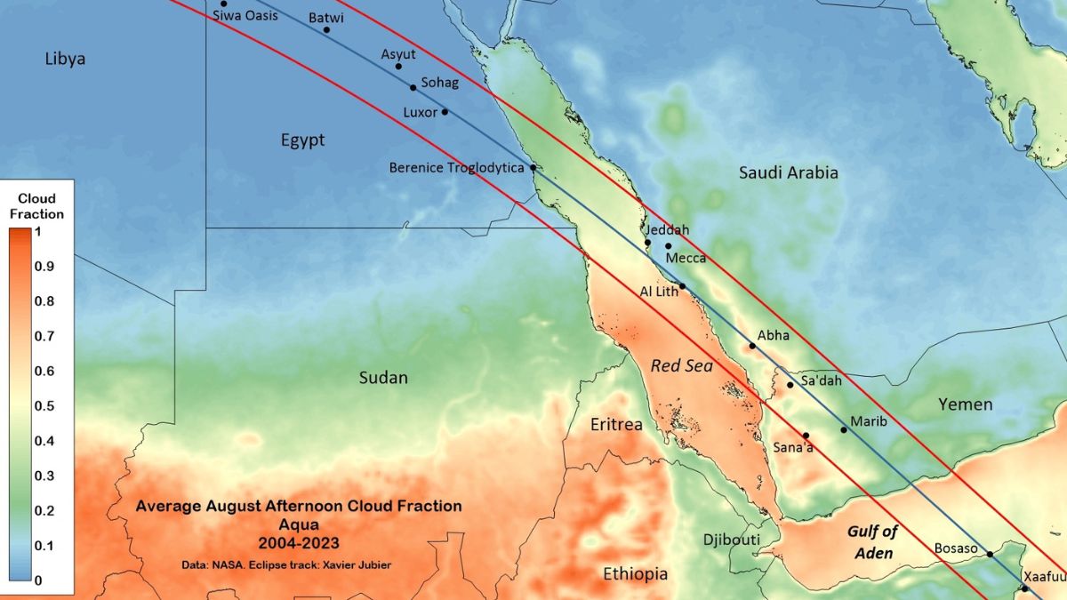 Map showing average August afternoon cloud fraction over northeast Africa and the Arabian Peninsula, with a solar eclipse path marked; data covers 2004-2023.