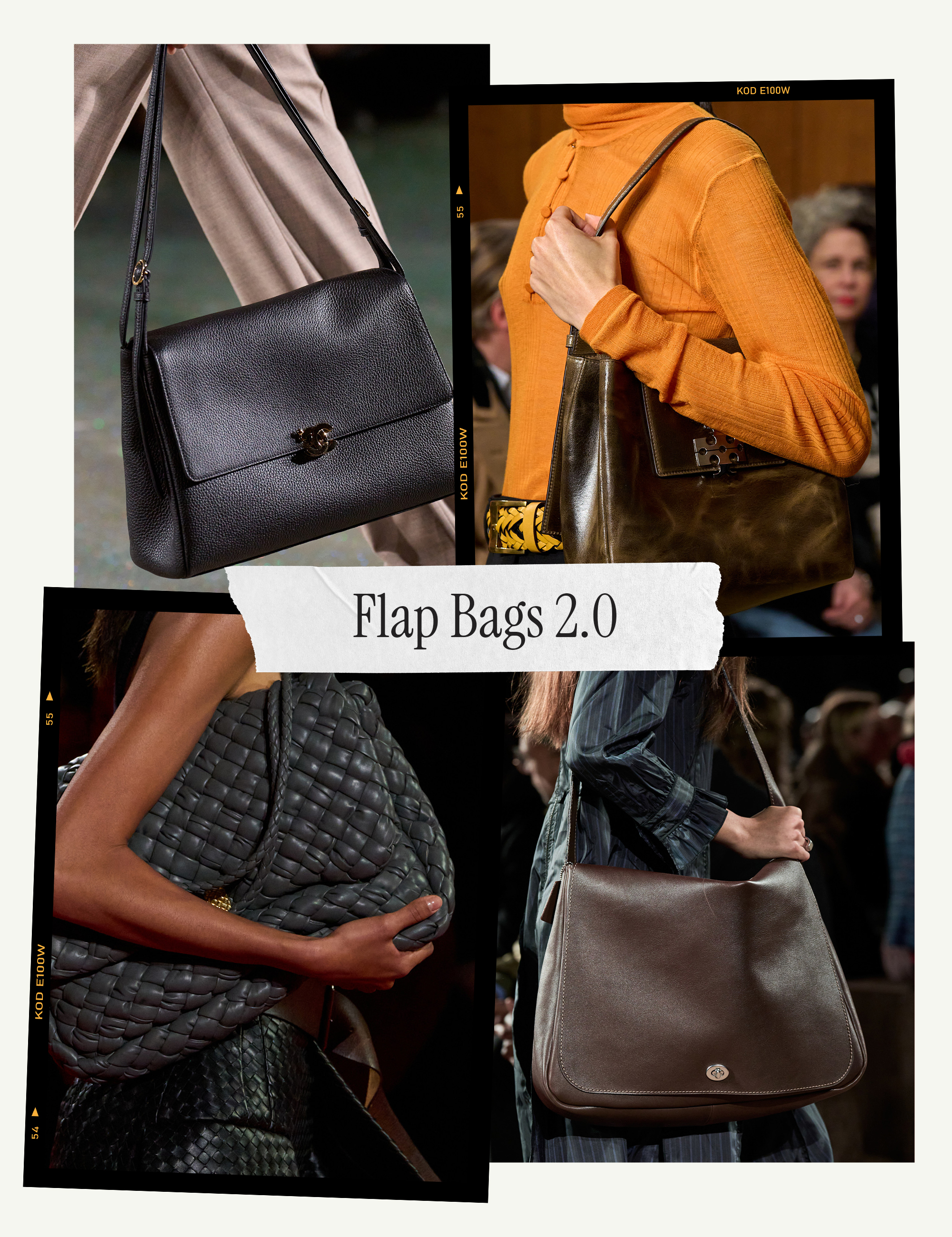 a collage of detail runway images featuring the handbag trends of fall/winter 2026