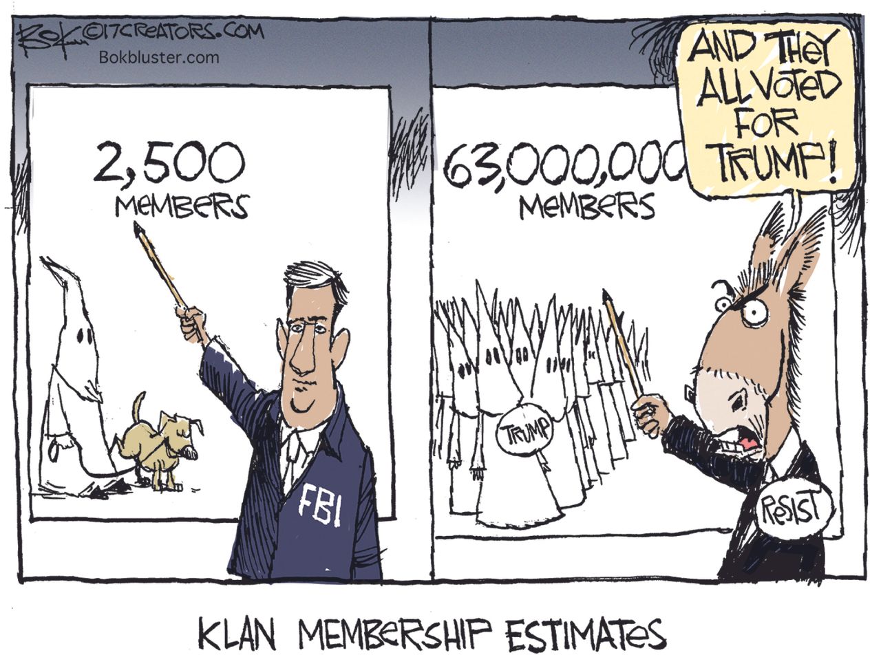 Political cartoon U.S. Trump KKK membership Democrats liberal bias