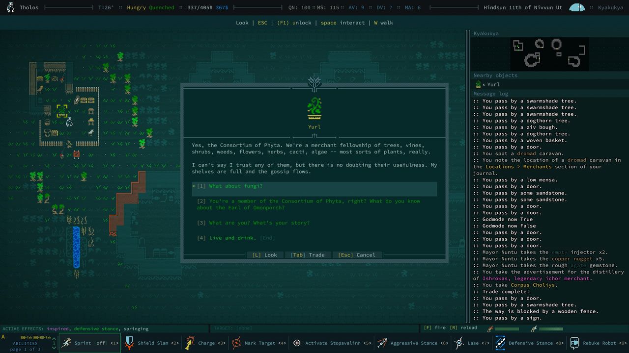 In Caves of Qud, the players converses with Yurl, a sentient plant.